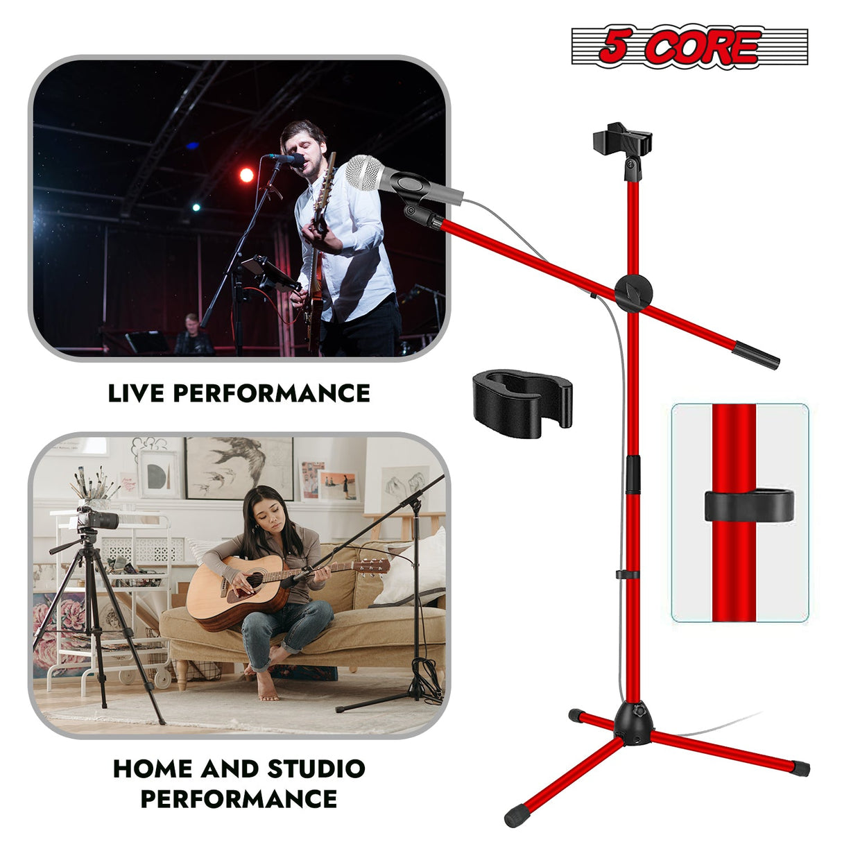 5Core Tripod Mic Stand Adjustable Heavy Duty Floor Holder Microphone Boom Arm RED