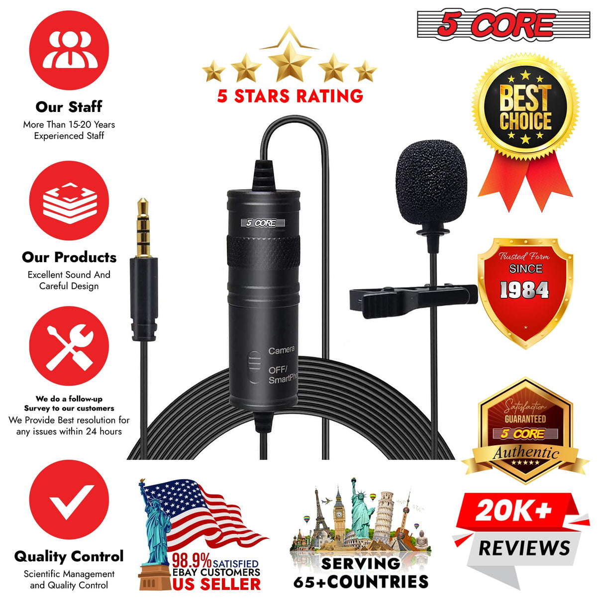 5Core Lavalier Microphone Clip On  Professional Grade 3.5mm Lapel Mic  Omnidirectional Lav Mic