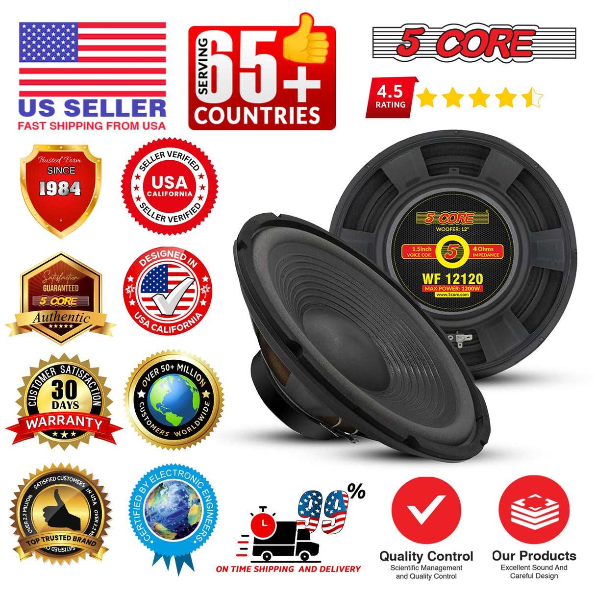 5Core 12" Subwoofer 1200W PA DJ Sub Woofer Audio Pair 8Ohm w Deep Bass Pro Audio Replacement Loud Speaker
