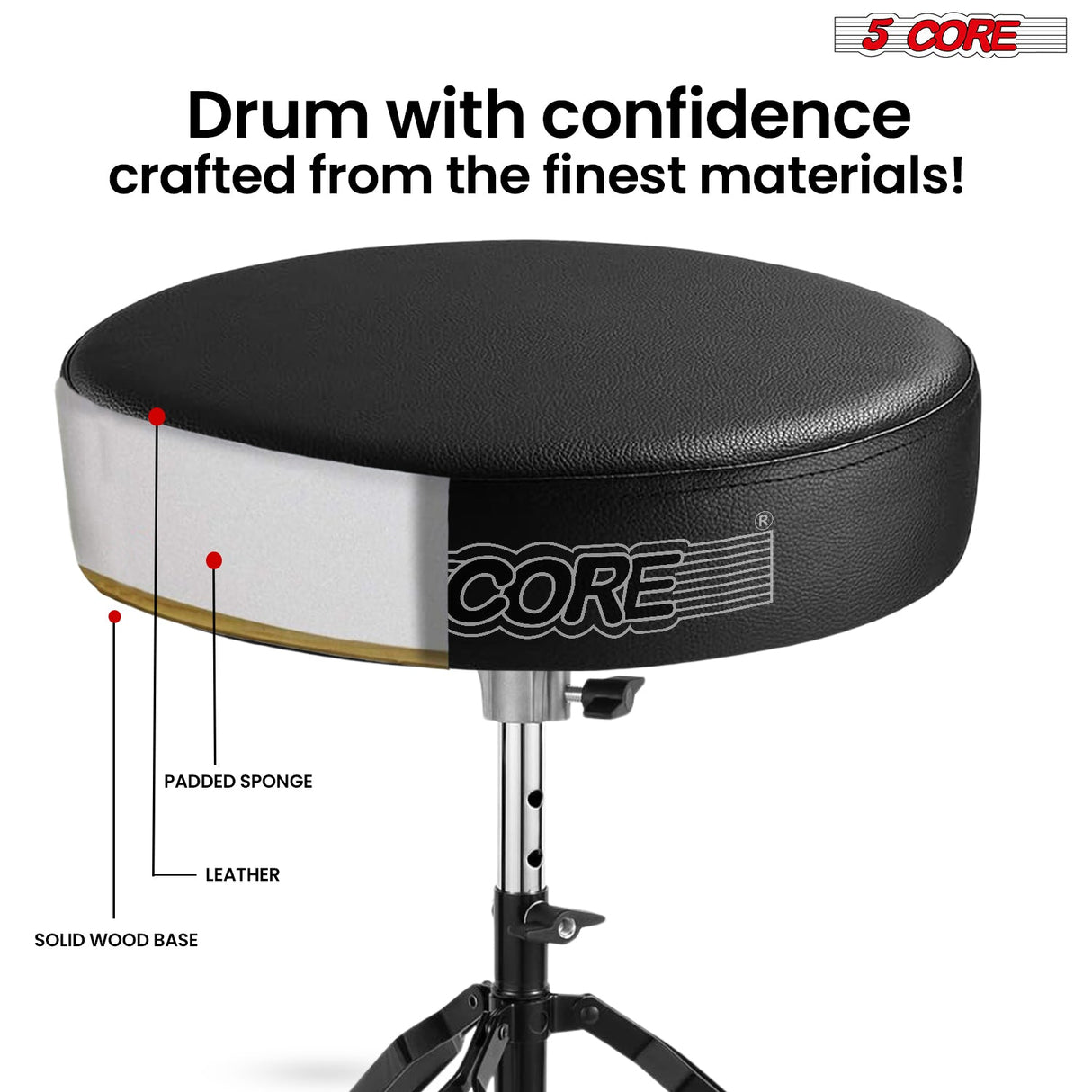 5Core Drum Throne Padded Guitar Stool Adjustable Drummer Seat for Adults & Kids BLACK