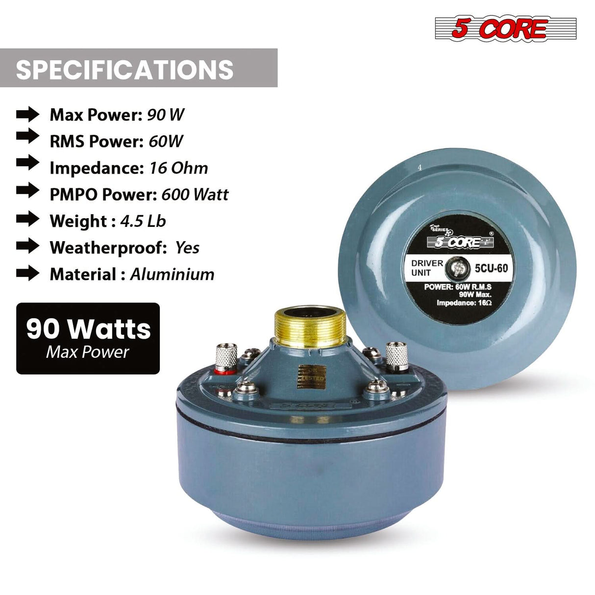 5Core PA Horn Speaker Set 2" Compression Driver 600W 16 Ohm Weatherproof Aluminum Body 18 TPI Thread