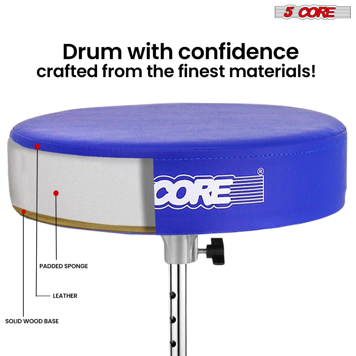 5Core Drum Throne Padded Guitar Stool Adjustable Drummer Seat for Adults & Kids BLUE
