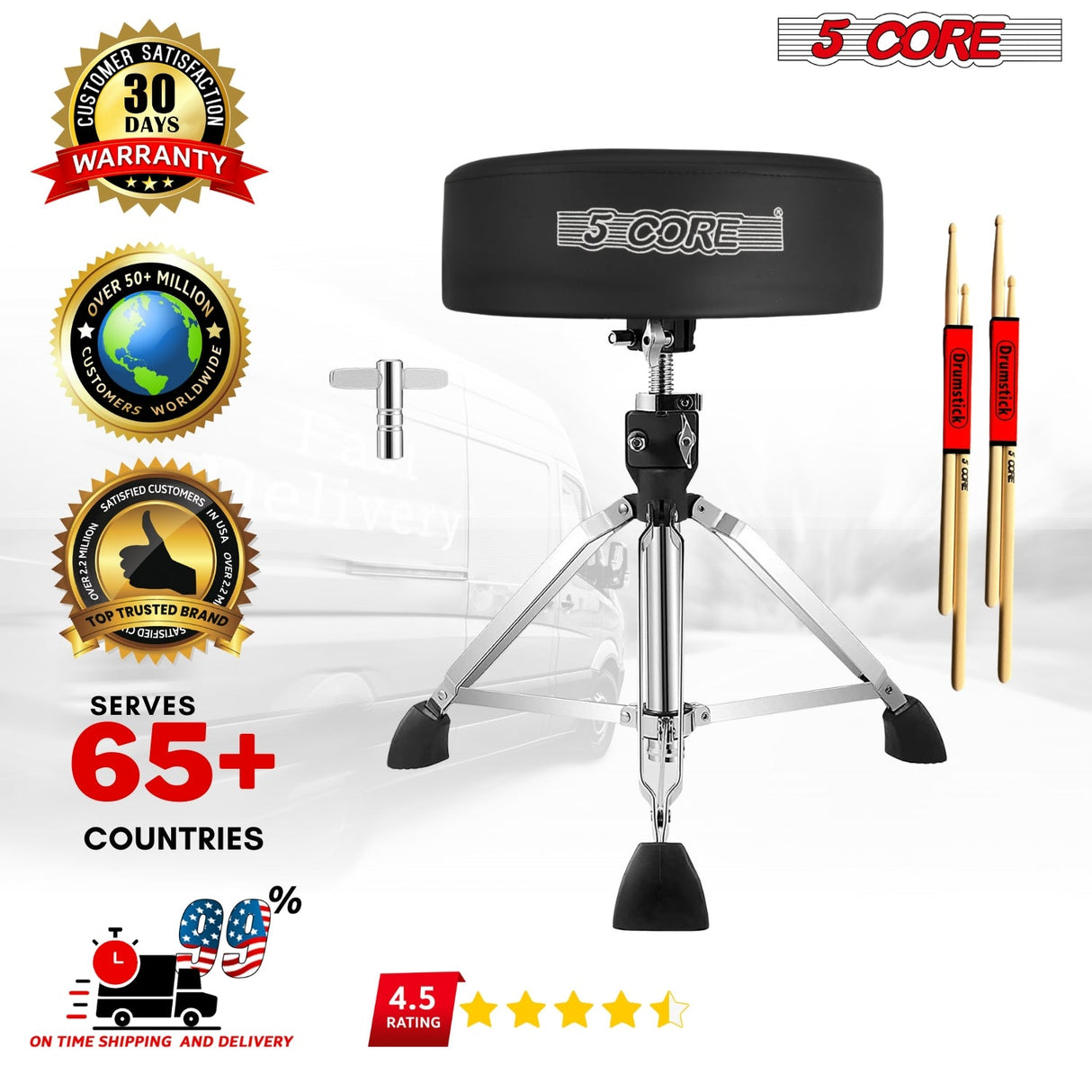 5Core Drum Throne Padded Adjustable Guitar Stool Drummer Seat for Adults & Kids BLACK - DS CH BLK PR HD