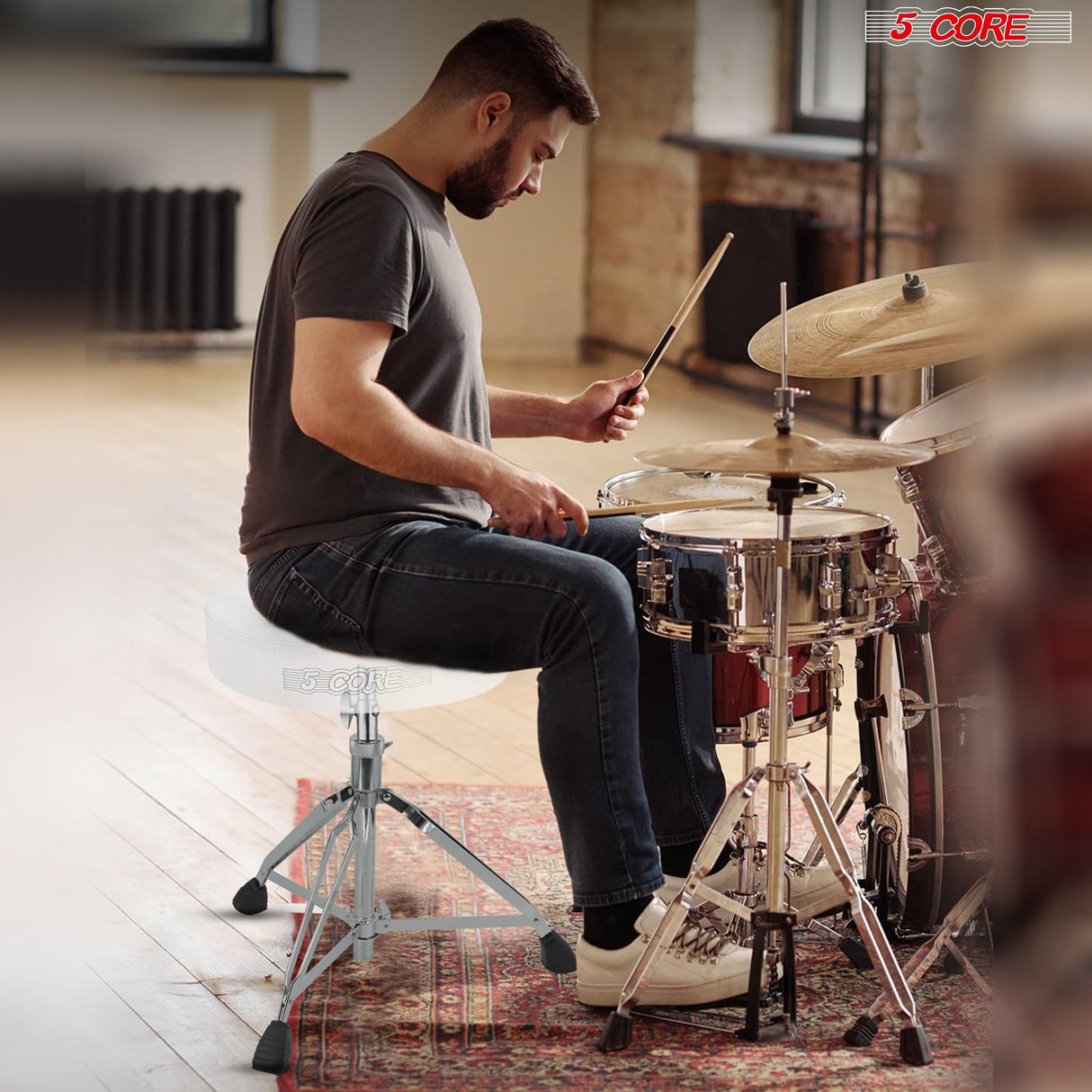 5Core Drum Throne Padded Adjustable Guitar Stool Drummer Seat for Adults & Kids WHITE