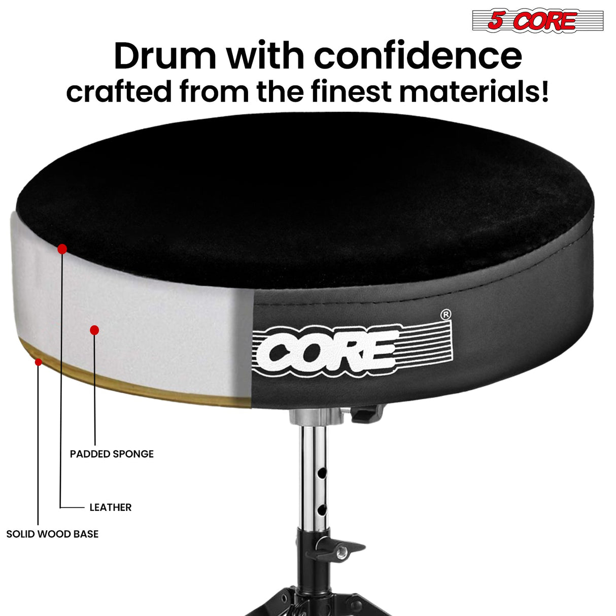 5Core Drum Throne Padded Guitar Stool Adjustable Drummer Seat for Adults & Kids VELVET BLACK