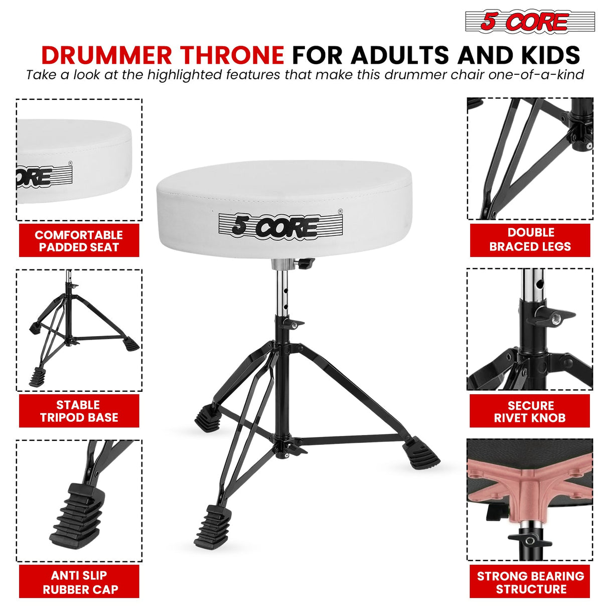 5Core Drum Throne Padded Guitar Stool Adjustable Drummer Seat for Adults & Kids WHITE