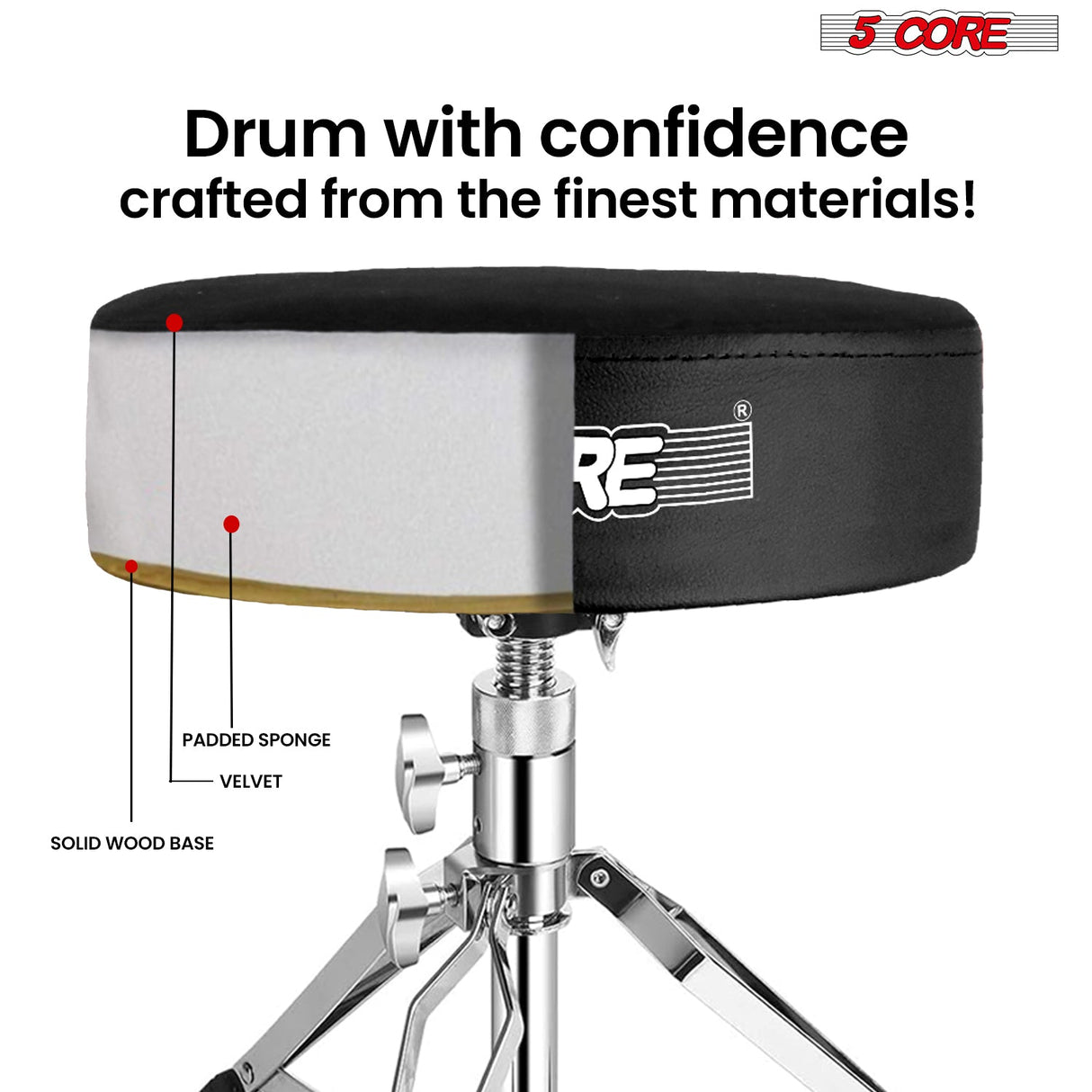 5Core Drum Throne Padded Guitar Stool Swivel Adjustable Drummer Seat Music Chair BLACK VELVET