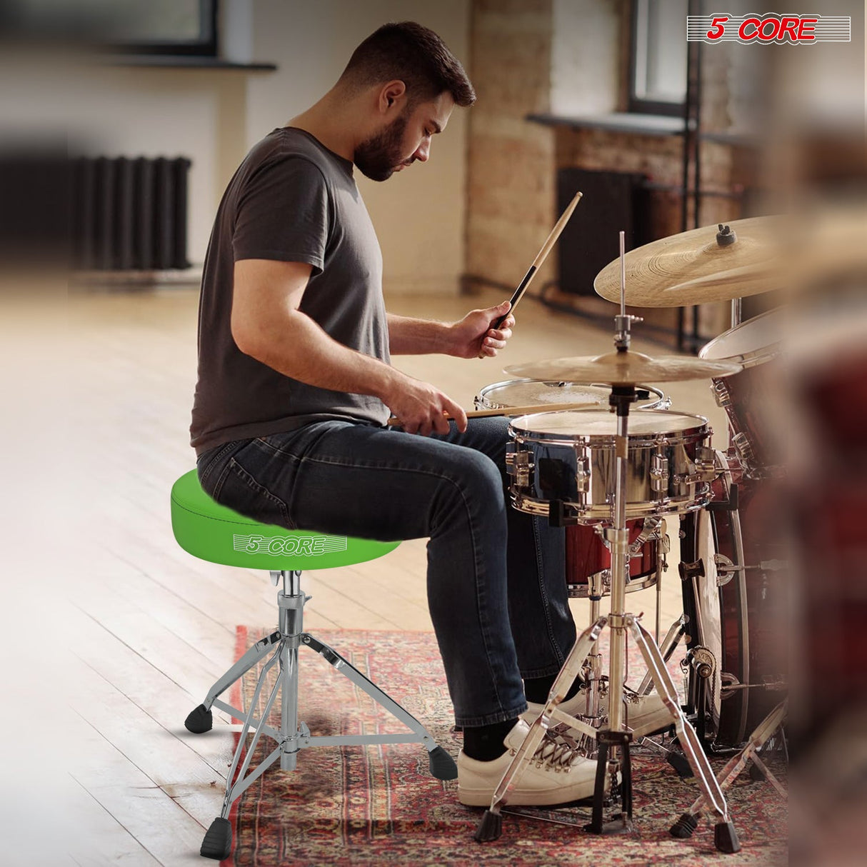 5Core Drum Throne Padded Adjustable Guitar Stool Drummer Seat for Adults & Kids GREEN
