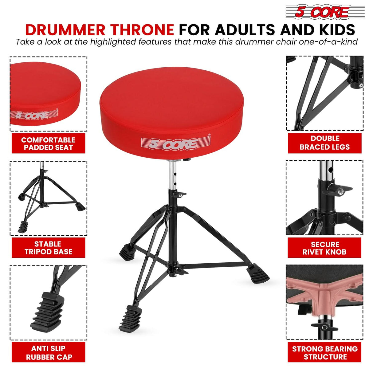 5 Core Drum Throne 3" Padded Drum Seat Height Adjustable Drumming Chair for Practice and Performance