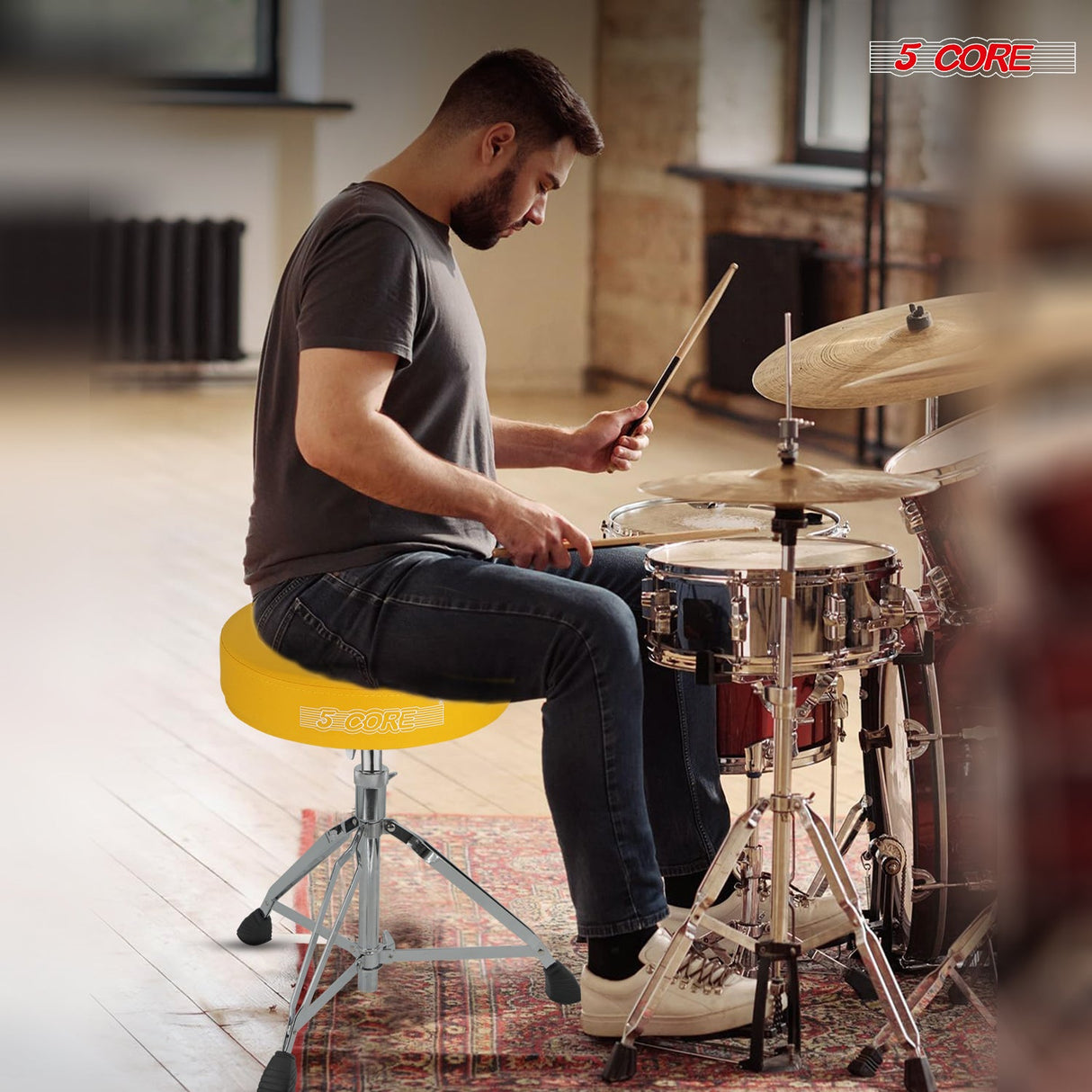 5Core Drum Throne Padded Adjustable Guitar Stool Drummer Seat for Adults & Kids YELLOW
