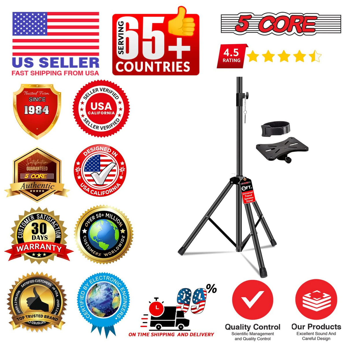 5 Core Speaker Stand Height Adjustable PA DJ Tripod Studio Monitor Stands w 35mm Compatible Insert
