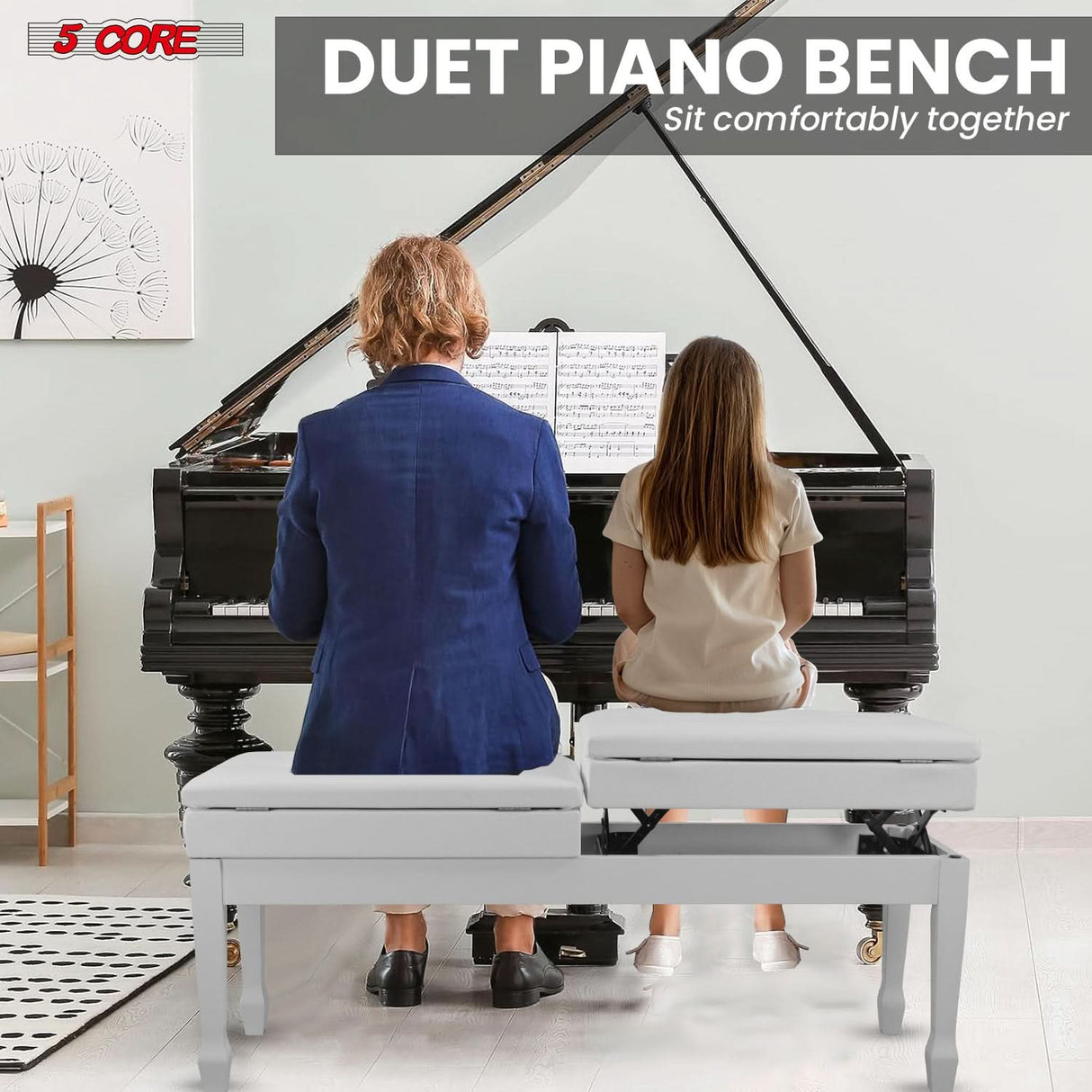 5 Core Duet Piano Bench 3.5 Inch Padded Cushioned Stool Wooden Heavy Duty Musician Chair w Storage