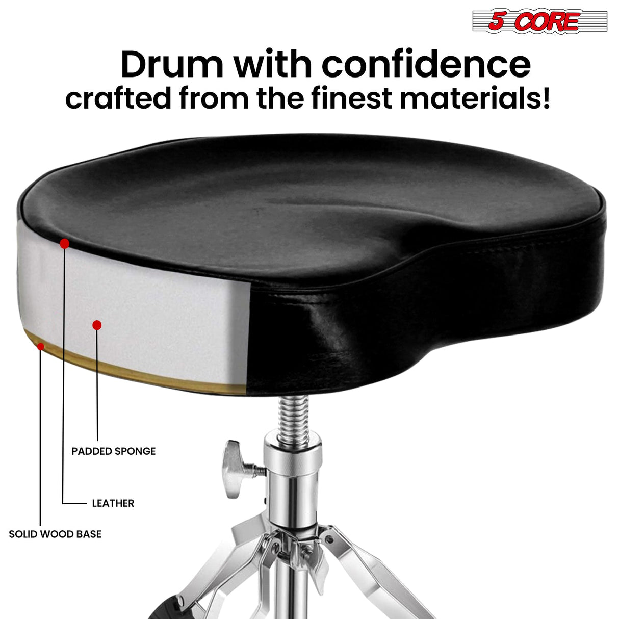 5Core Drum Throne Padded Guitar Stool Saddle Drummer Seat for Adults & Kids BLACK
