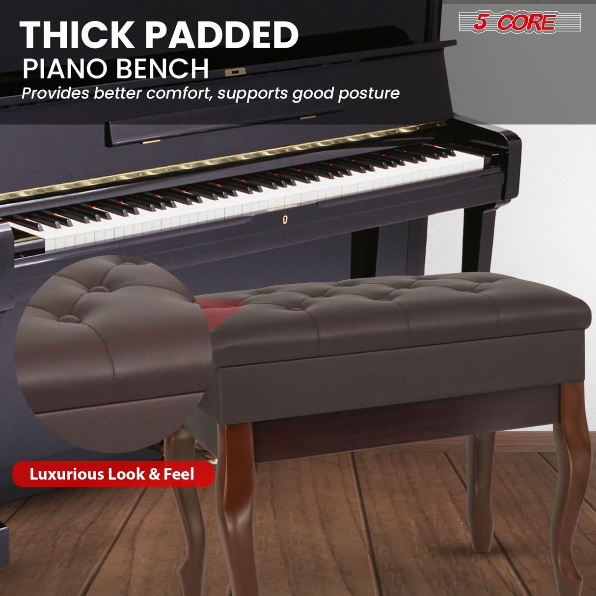 5 Core Piano Bench 3" Padded Cushioned Stool Wooden Heavy Duty Adjustable Musician Chair w Storage