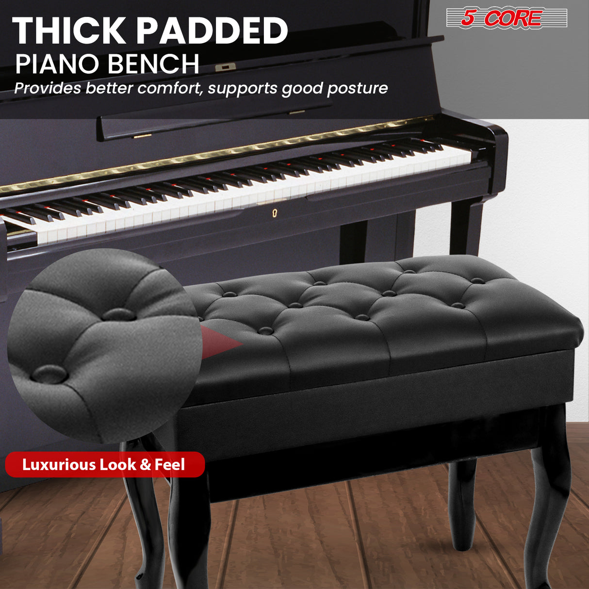 5 Core Piano Bench 3" Padded Cushioned Stool Wooden Heavy Duty Adjustable Musician Chair w Storage