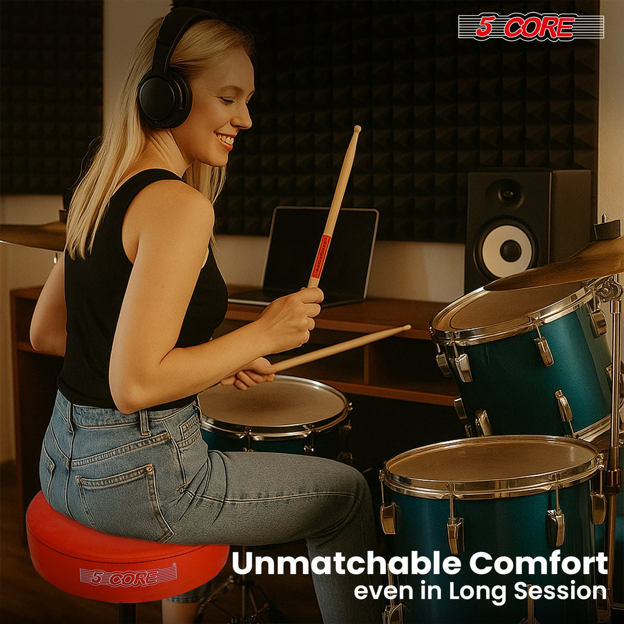 5 Core Drum Throne 3" Thick Padded Memory Foam Comfortable Drummer Stool 330Lb Capacity Adjustable
