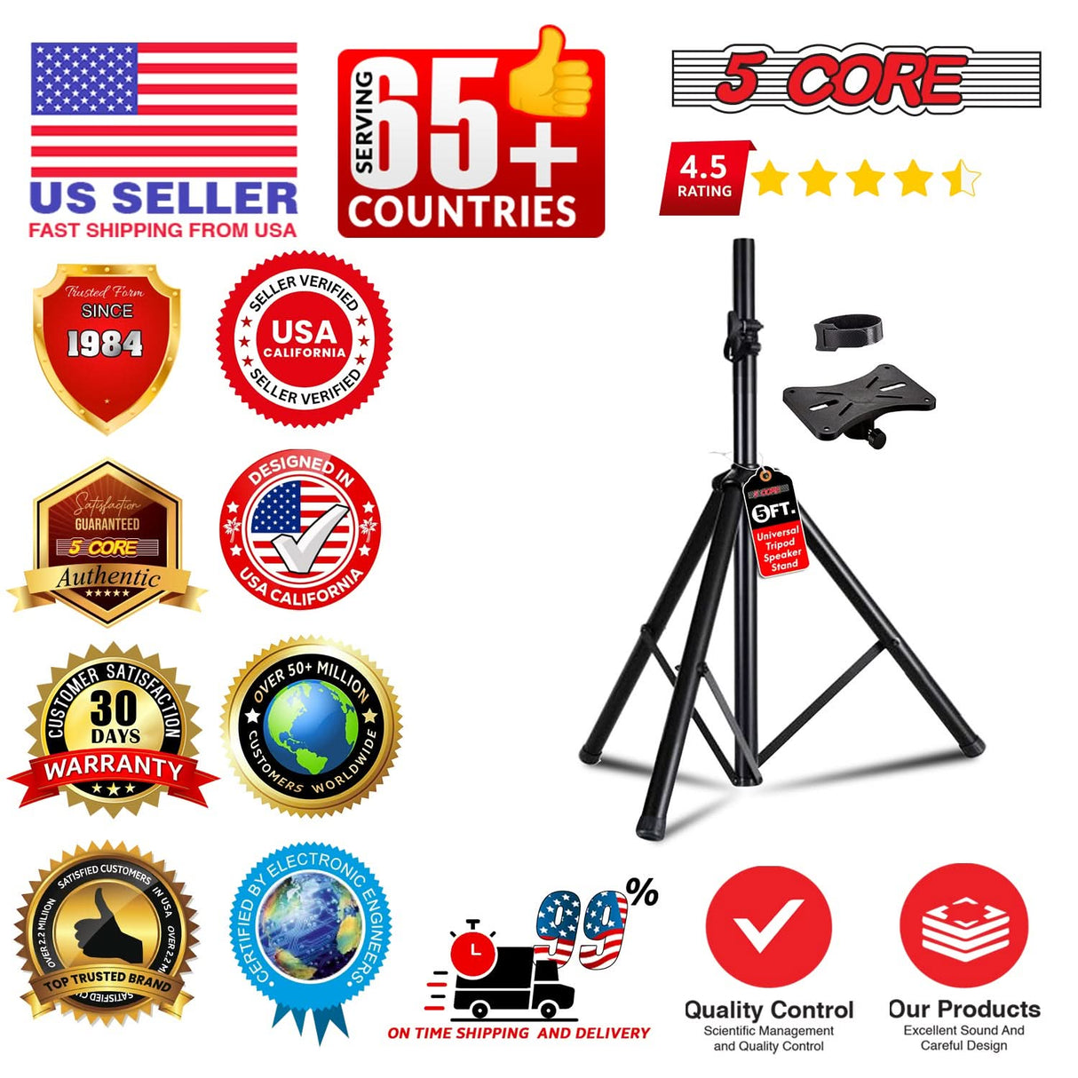 5 Core Speaker Stand Tripod Heavy Duty Adjustable 60" Universal Mount for PA DJ Studio