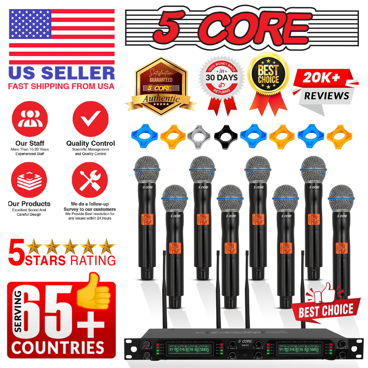 5Core Wireless Microphones 8 Channel Karaoke Professional UHF Singing Mic System Cordless Microfonos