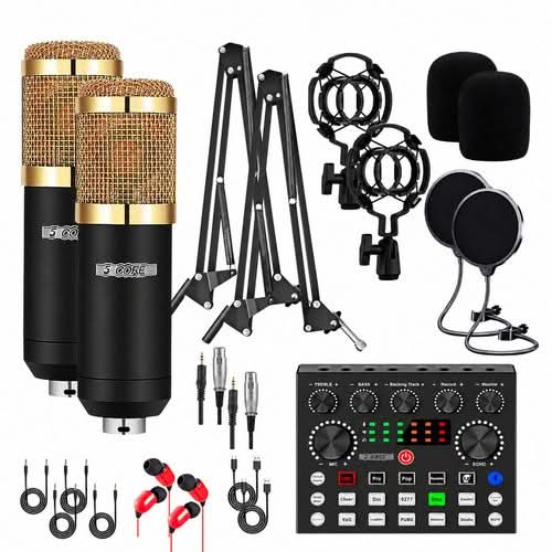 5 Core Podcast Equipment Bundle w Condenser Mic Voice Changer Audio Mixer