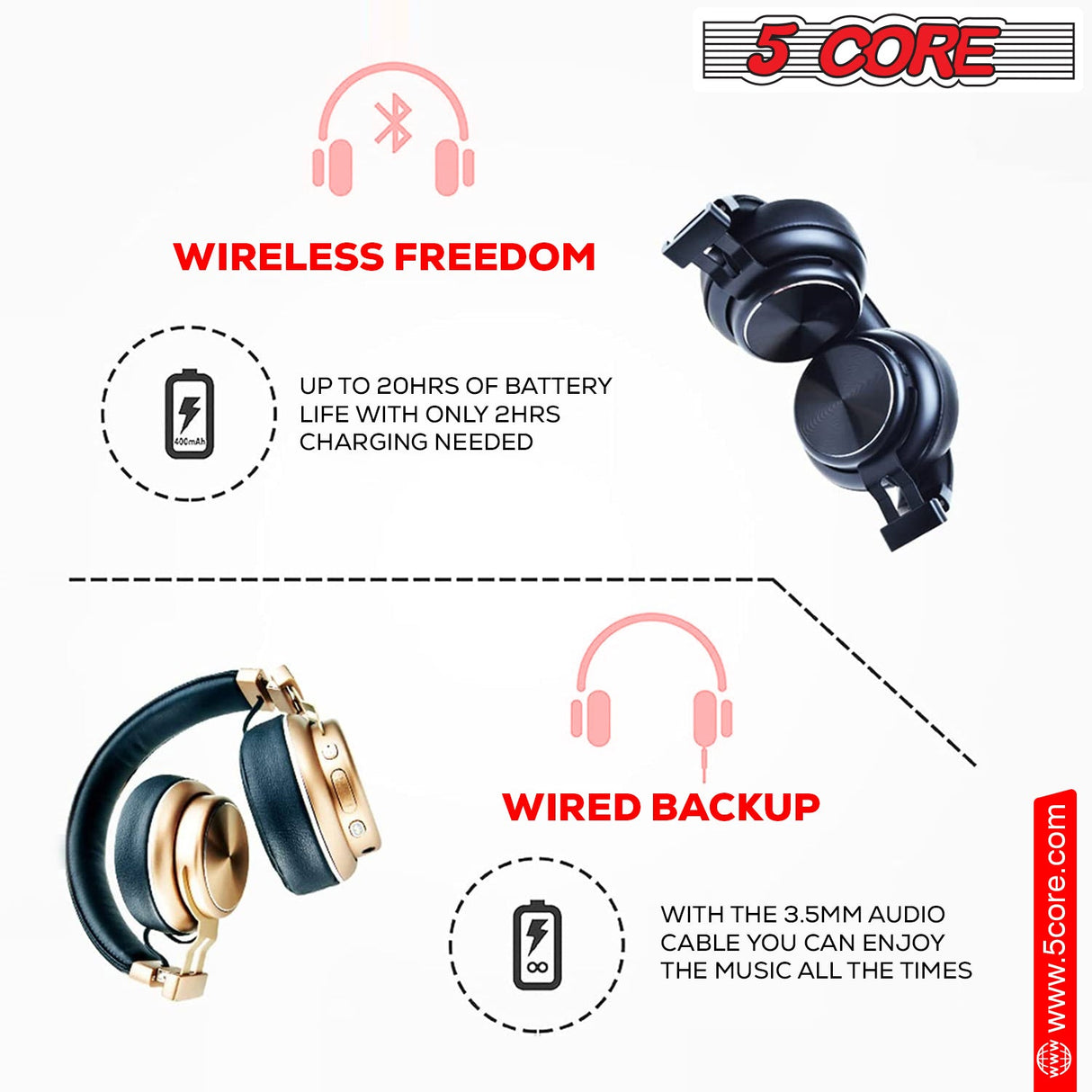 5Core Bluetooth Headphones Wireless Noise Cancelling Audifonos Inalambricos