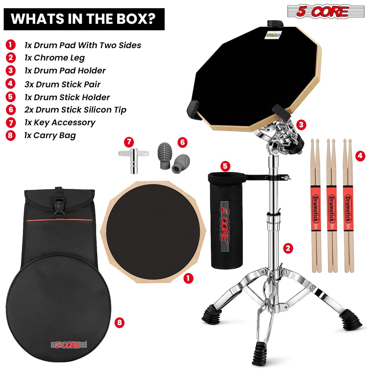5Core Drum Throne Adjustable Guitar Stool Padded Seat + Drum Practice Pad Snare Drumming Stand