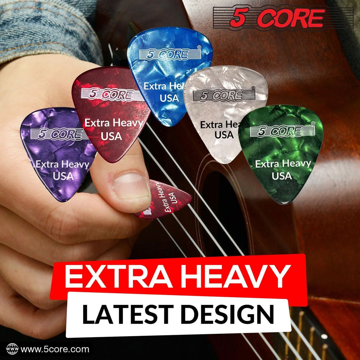 Durable purple 1.2mm picks by 5Core made of premium celluloid