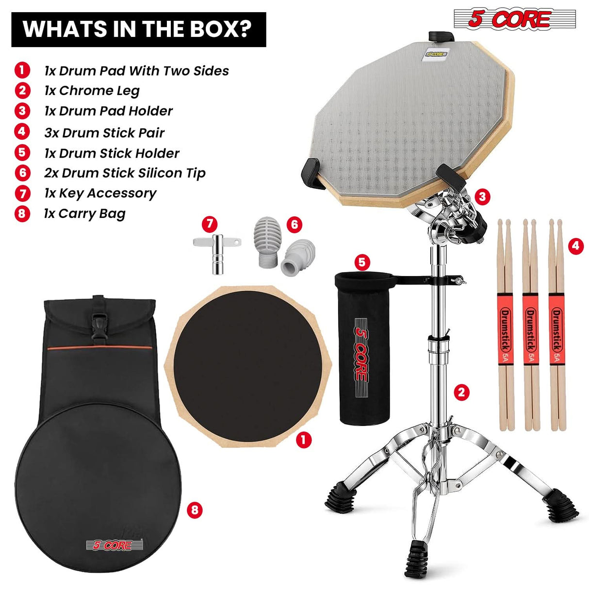 5Core Drum Throne Adjustable Guitar Stool Padded Seat + Drum Practice Pad Snare Drumming Stand
