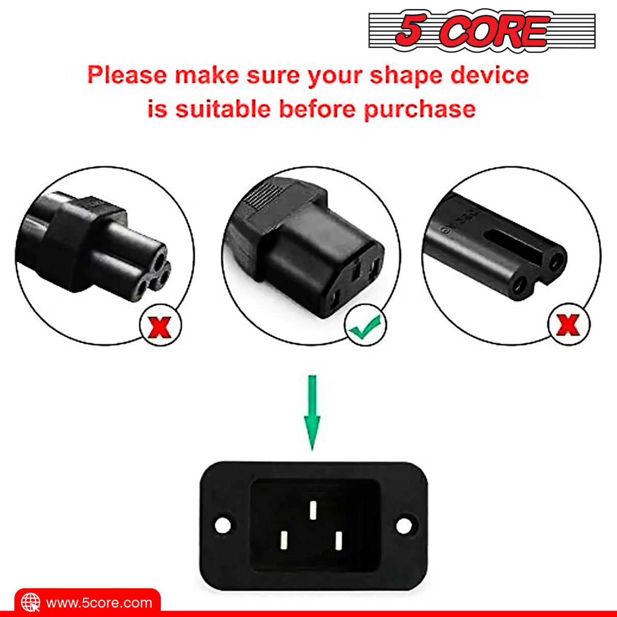 5Core AC Power Extension Cord 10Ft 3 Prong Adapter 16AWG/2C 125V 13A US Male to Female