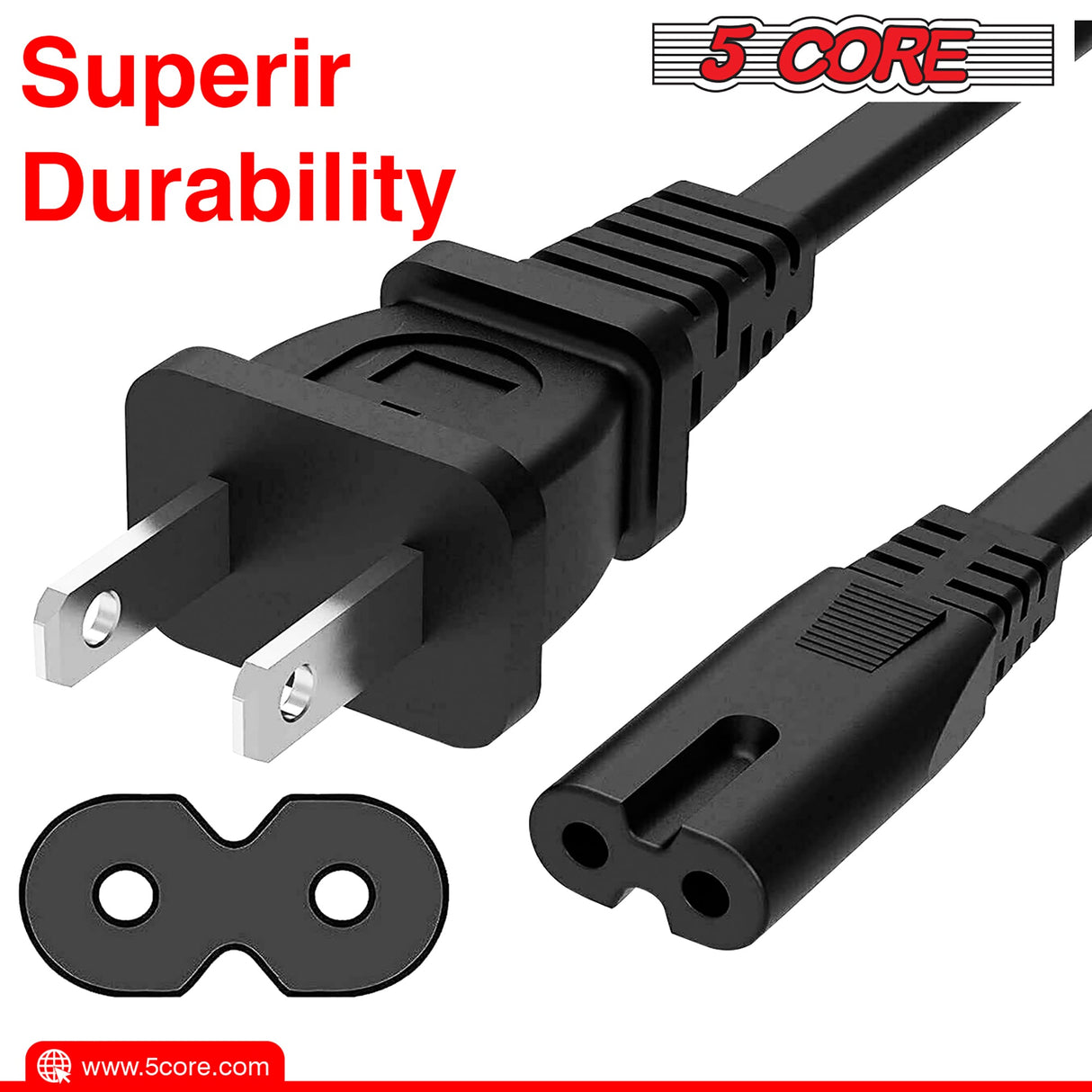 5Core AC Power Cord 6 Ft 2 Prong US Male to Female Extension Adapter 16AWG/2C 125V 13A