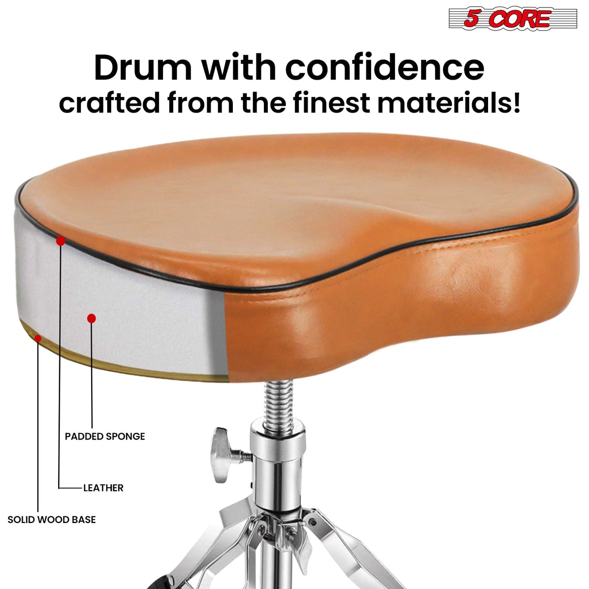 5Core Drum Throne Padded Guitar Stool Saddle Drummer Seat for Adults & Kids BROWN