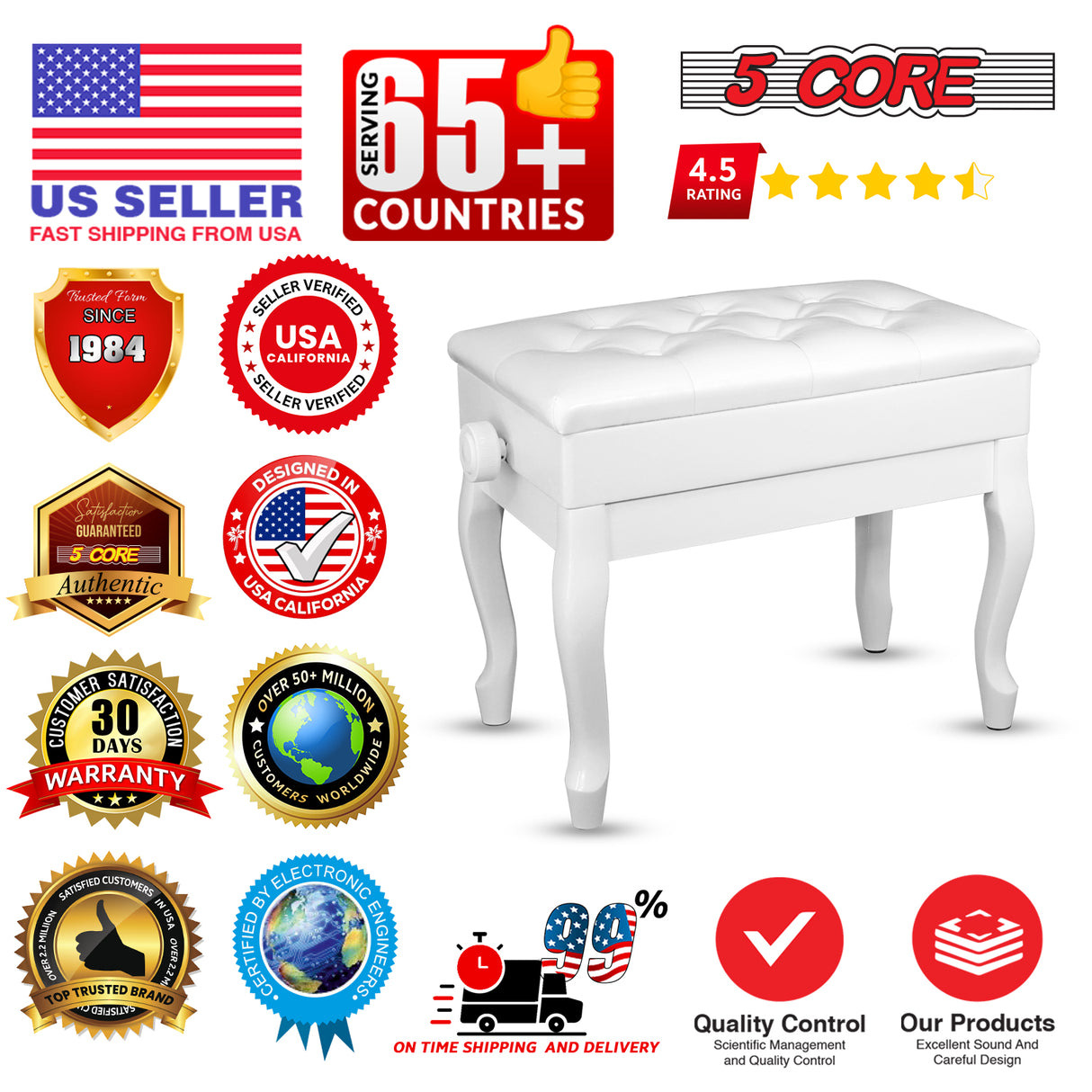 5 Core Piano Bench 3" Padded Cushioned Stool Wooden Heavy Duty Adjustable Musician Chair w Storage