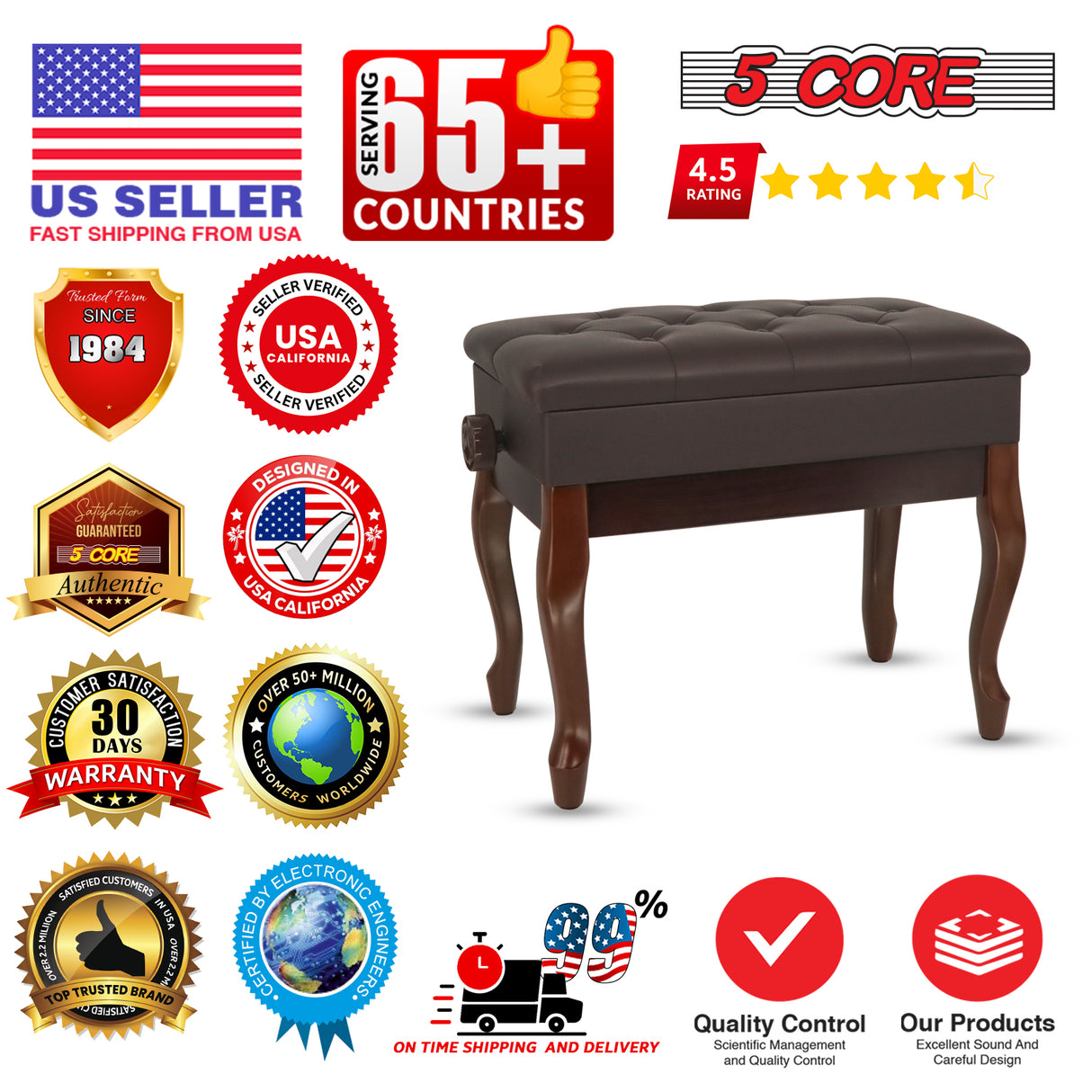 5 Core Piano Bench 3" Padded Cushioned Stool Wooden Heavy Duty Adjustable Musician Chair w Storage