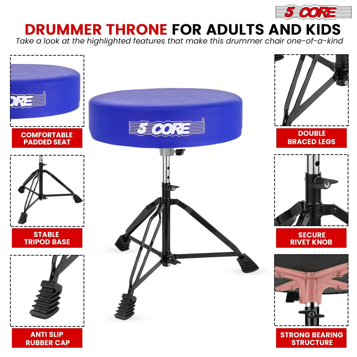 5 Core Drum Throne 3" Padded Drum Seat Height Adjustable Drumming Chair for Practice and Performance