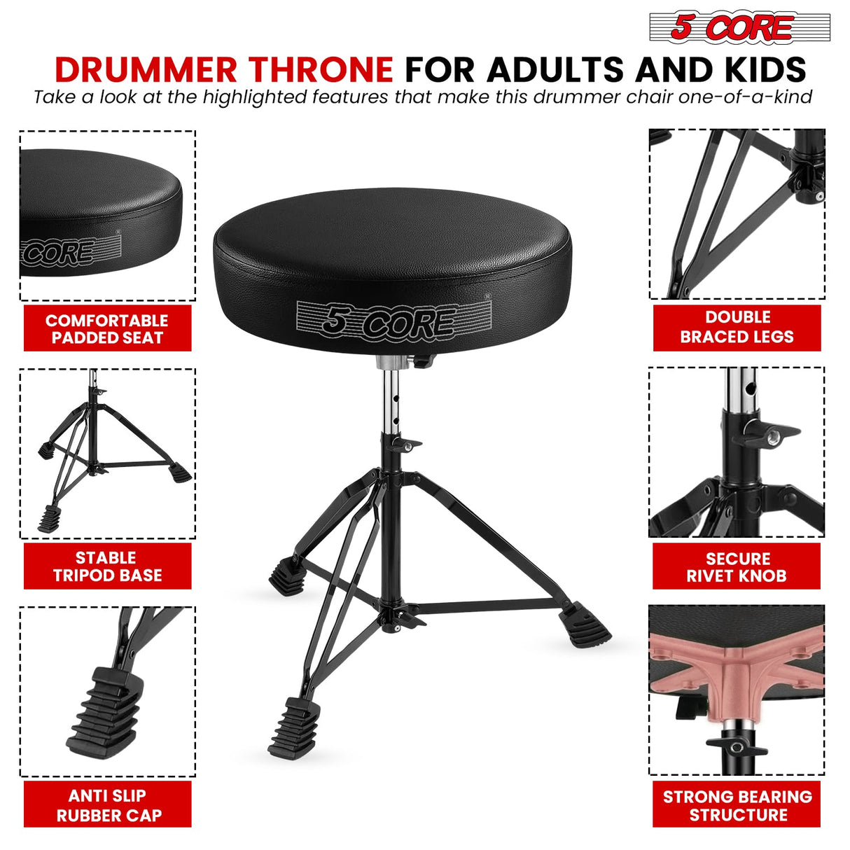 5Core Drum Throne Padded Guitar Stool Adjustable Drummer Seat for Adults & Kids BLACK
