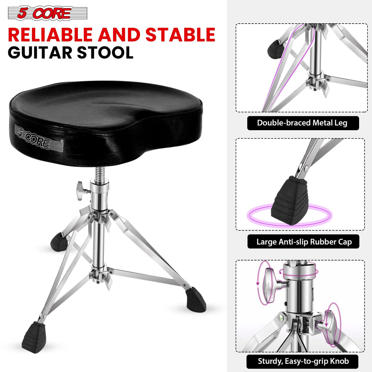 5Core Drum Throne Padded Guitar Stool Saddle Drummer Seat for Adults & Kids BLACK