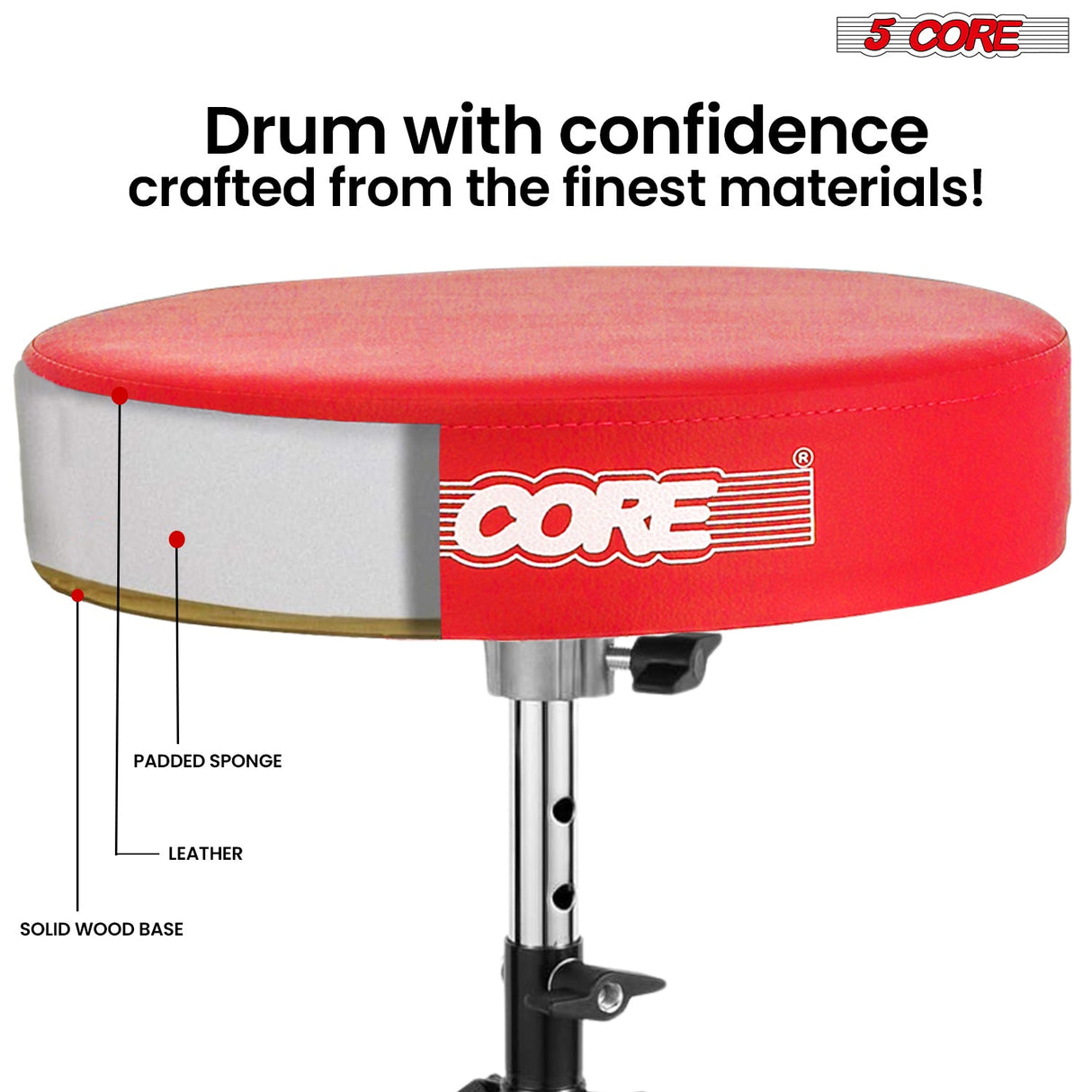 5Core Drum Throne Padded Guitar Stool Adjustable Drummer Seat for Adults & Kids RED