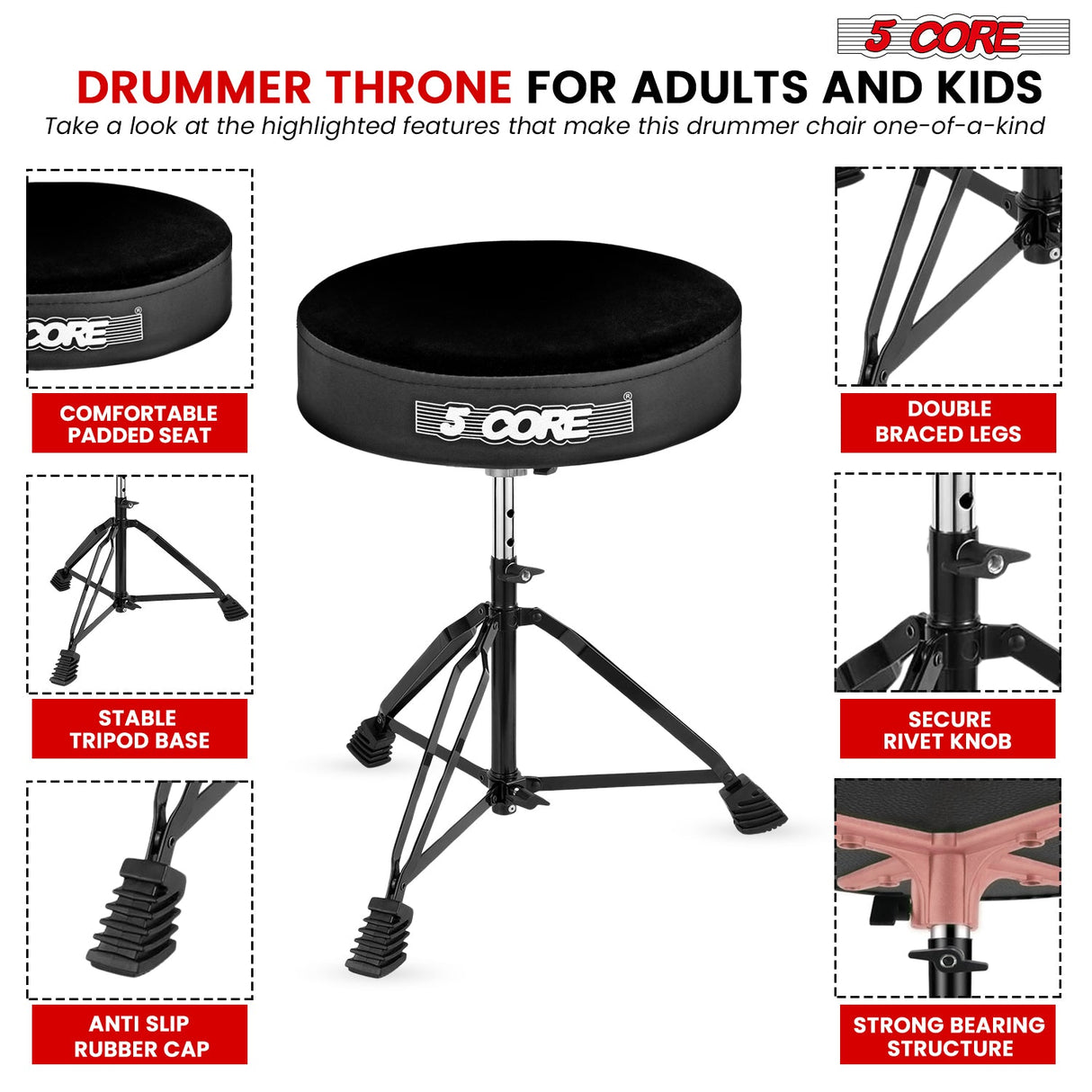 5Core Drum Throne Padded Guitar Stool Adjustable Drummer Seat for Adults & Kids VELVET BLACK
