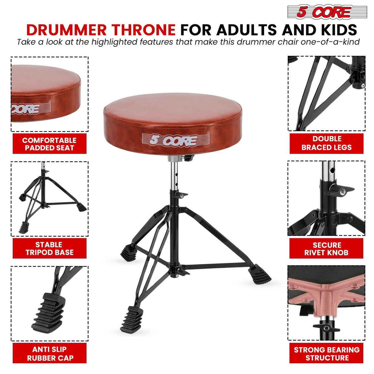 5 Core Drum Throne 3" Padded Drum Seat Height Adjustable Drumming Chair for Practice and Performance