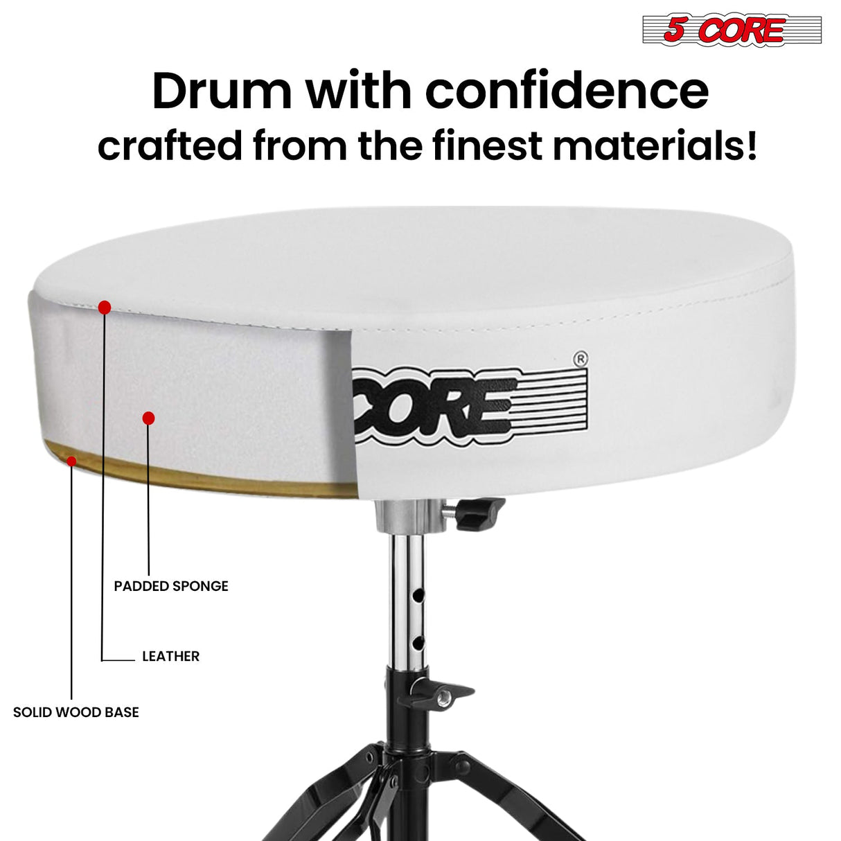 5Core Drum Throne Padded Guitar Stool Adjustable Drummer Seat for Adults & Kids WHITE