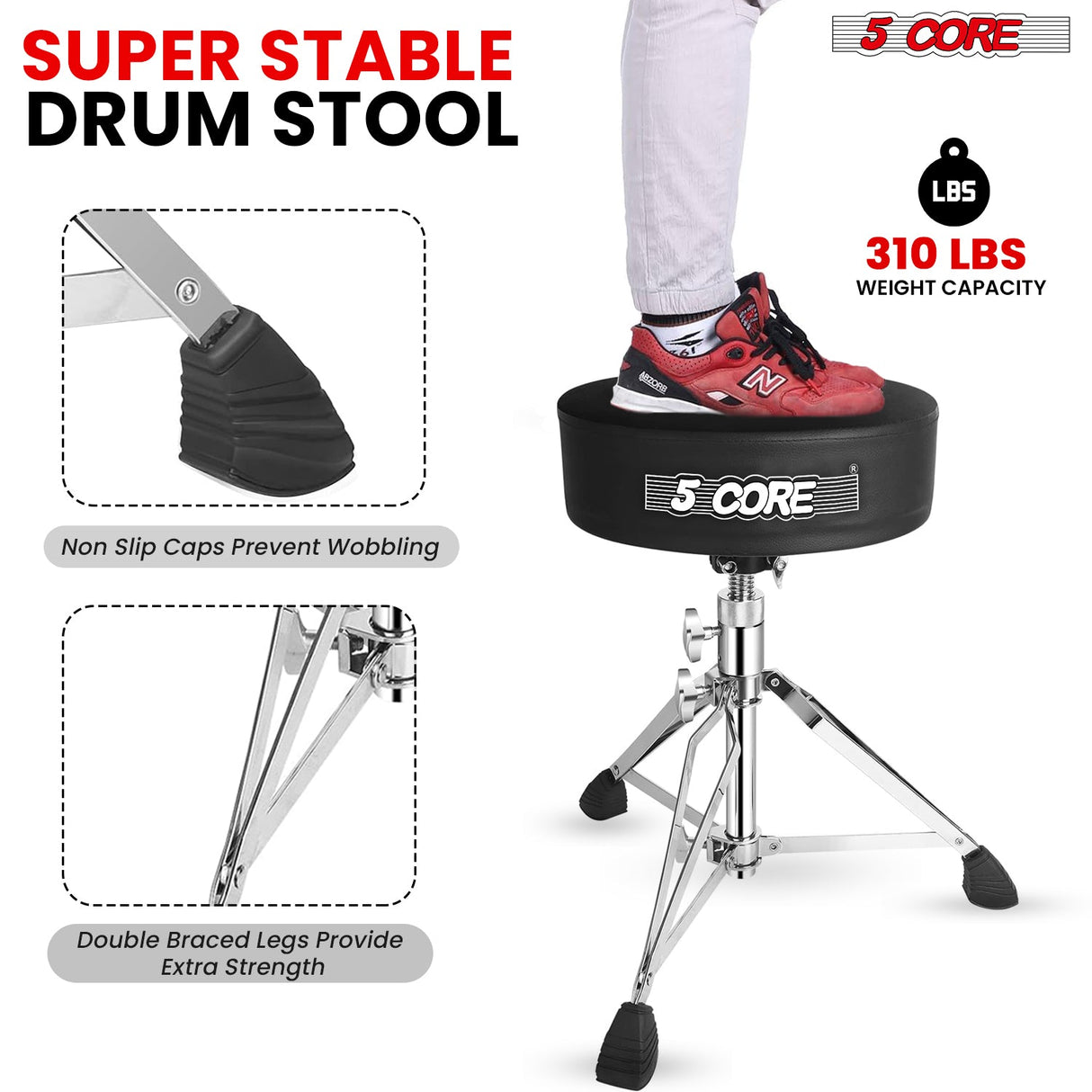 5Core Drum Throne Padded Guitar Stool Swivel Adjustable Drummer Seat Music Chair BLACK VELVET