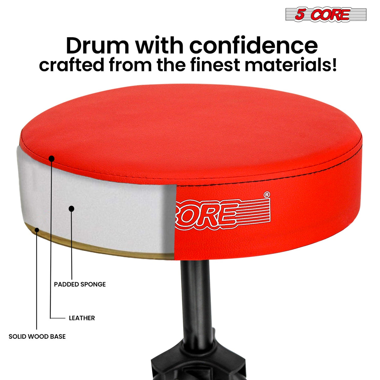 5 Core Drum Throne 3" Thick Padded Memory Foam Comfortable Drummer Stool 330Lb Capacity Adjustable