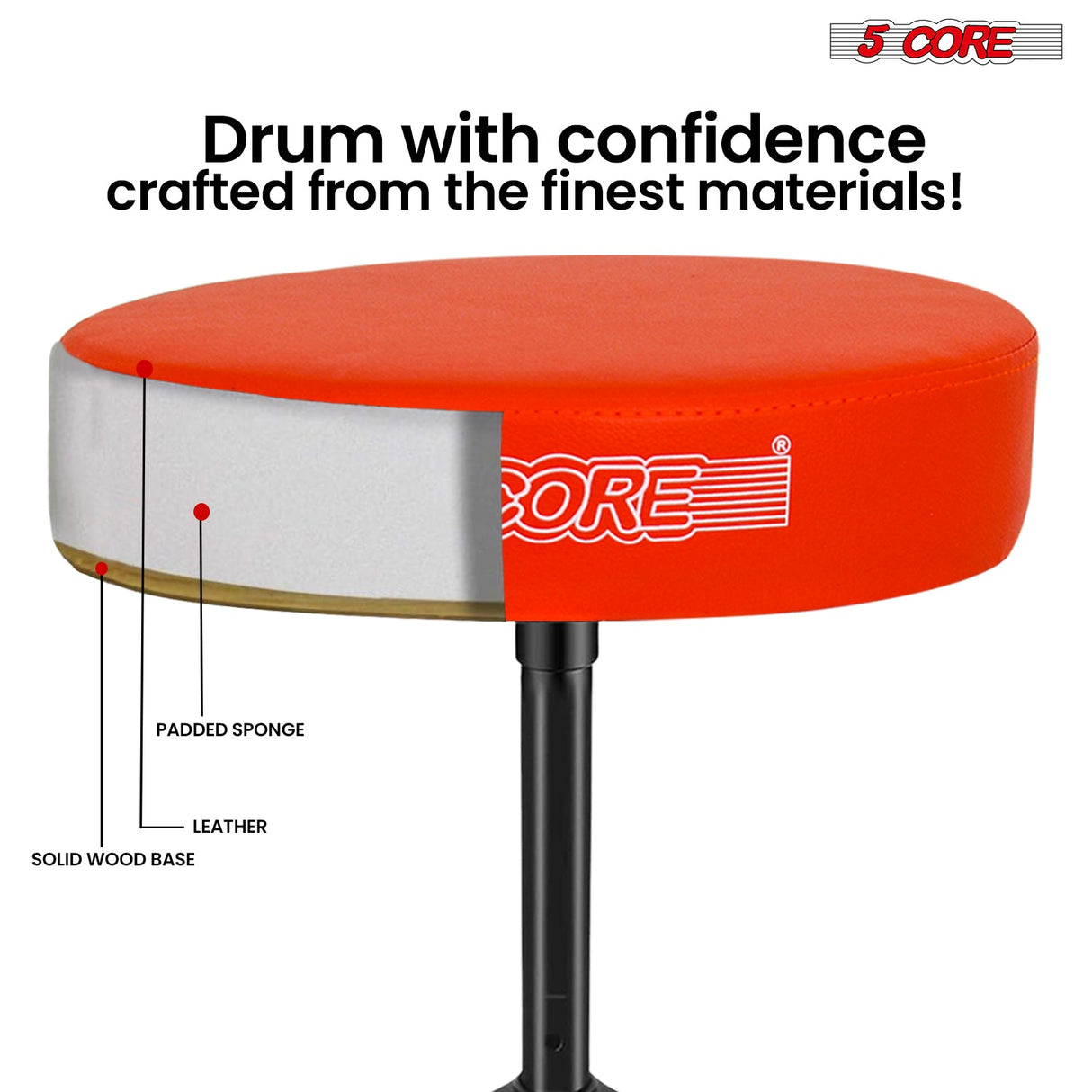 5 Core Drum Throne 3" Thick Padded Memory Foam Comfortable Drummer Stool 330Lb Capacity Adjustable