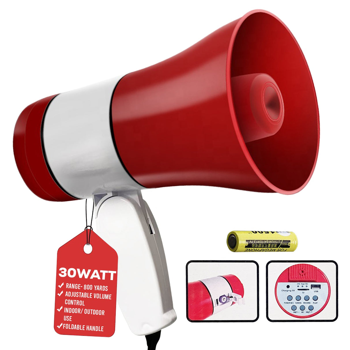 5 Core Megaphone 30W Bull Horn PA Speaker w 800 Yard Range Siren Loud Megafono for Sports & Coaches