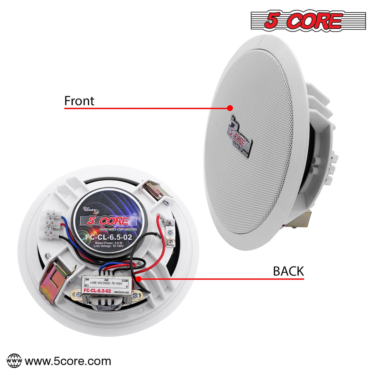 5Core Ceiling Speaker 6.5 Inch In Wall 2 Way Home Audio Mount 60W Sound System