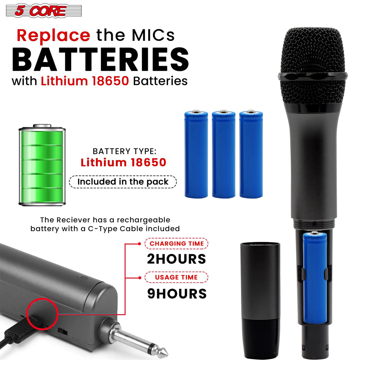 5Core Wireless Microphone Pair UHF Handheld Microfonos Inalambricos Cordless Mic