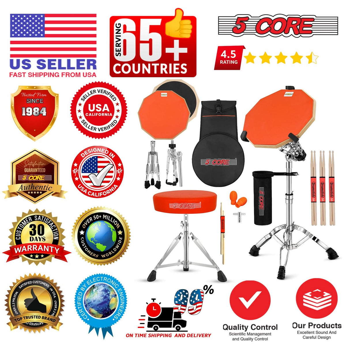 5Core Drum Throne Adjustable Guitar Stool Padded Seat + Drum Practice Pad Snare Drumming Stand
