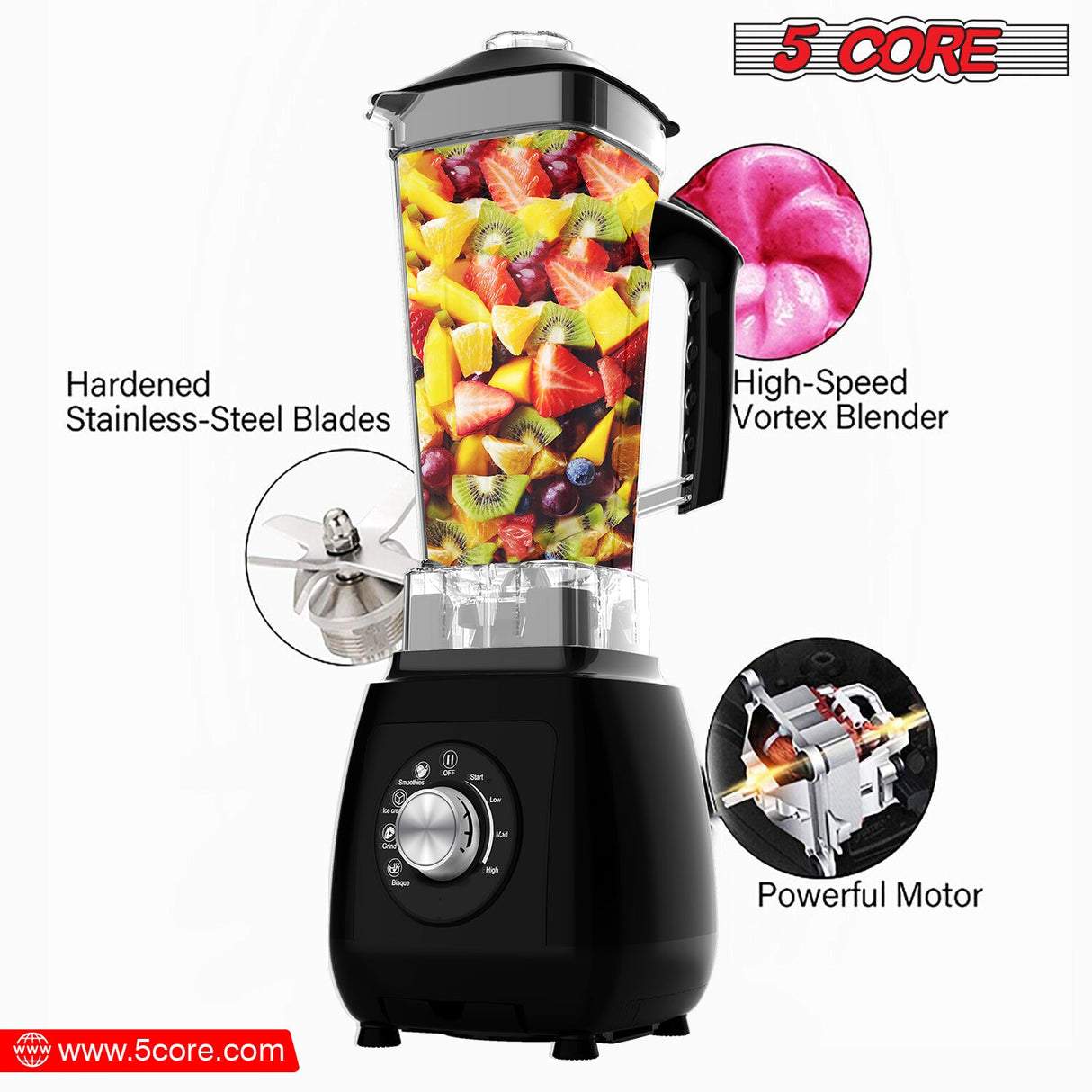 5Core Juicer Blender Machines 2000W Countertop Kitchen Smoothie Maker w 68oz Jar