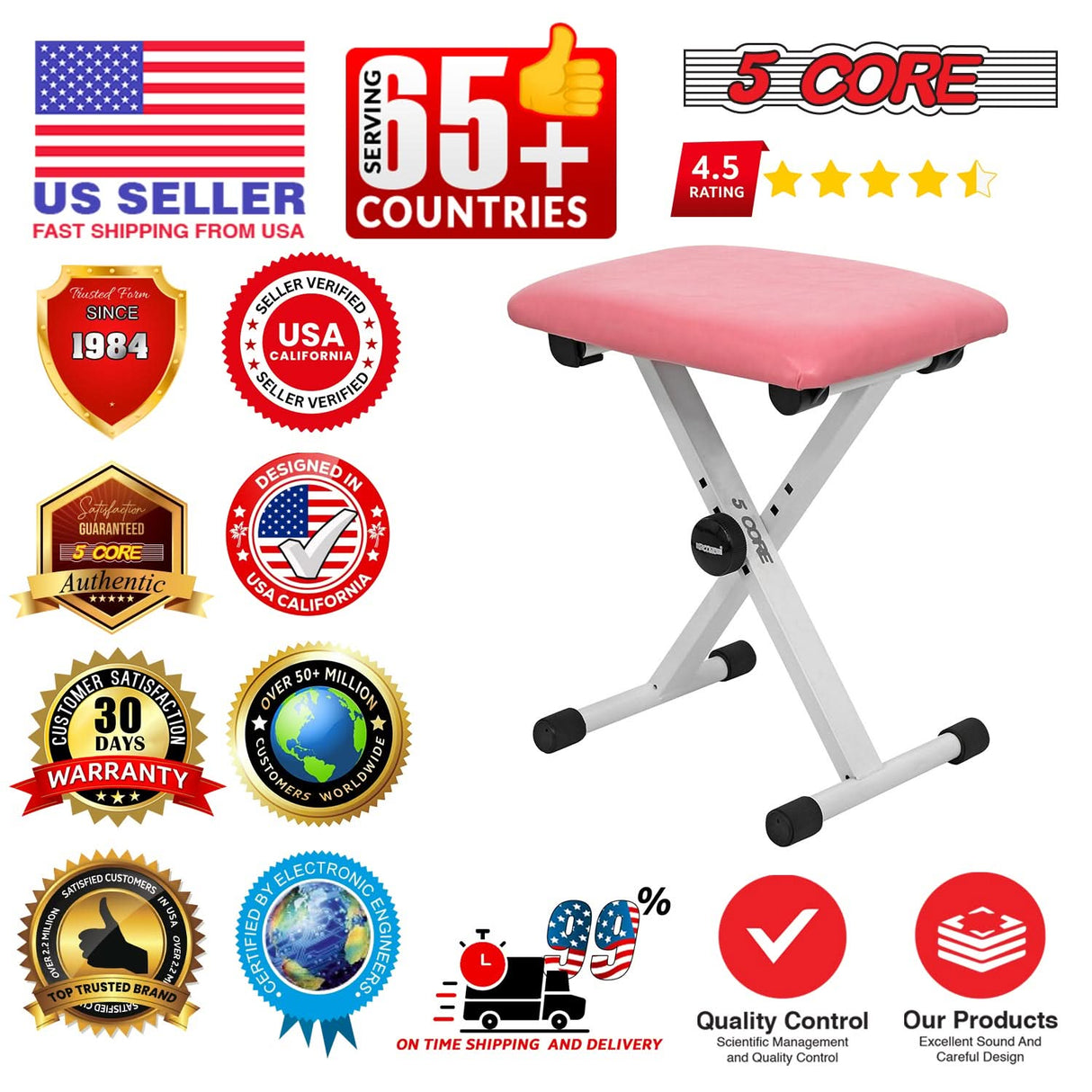 5 Core Keyboard Bench 2" Padded Cushioned Piano Stool Height Adjustable Guitar Seat Folding Portable