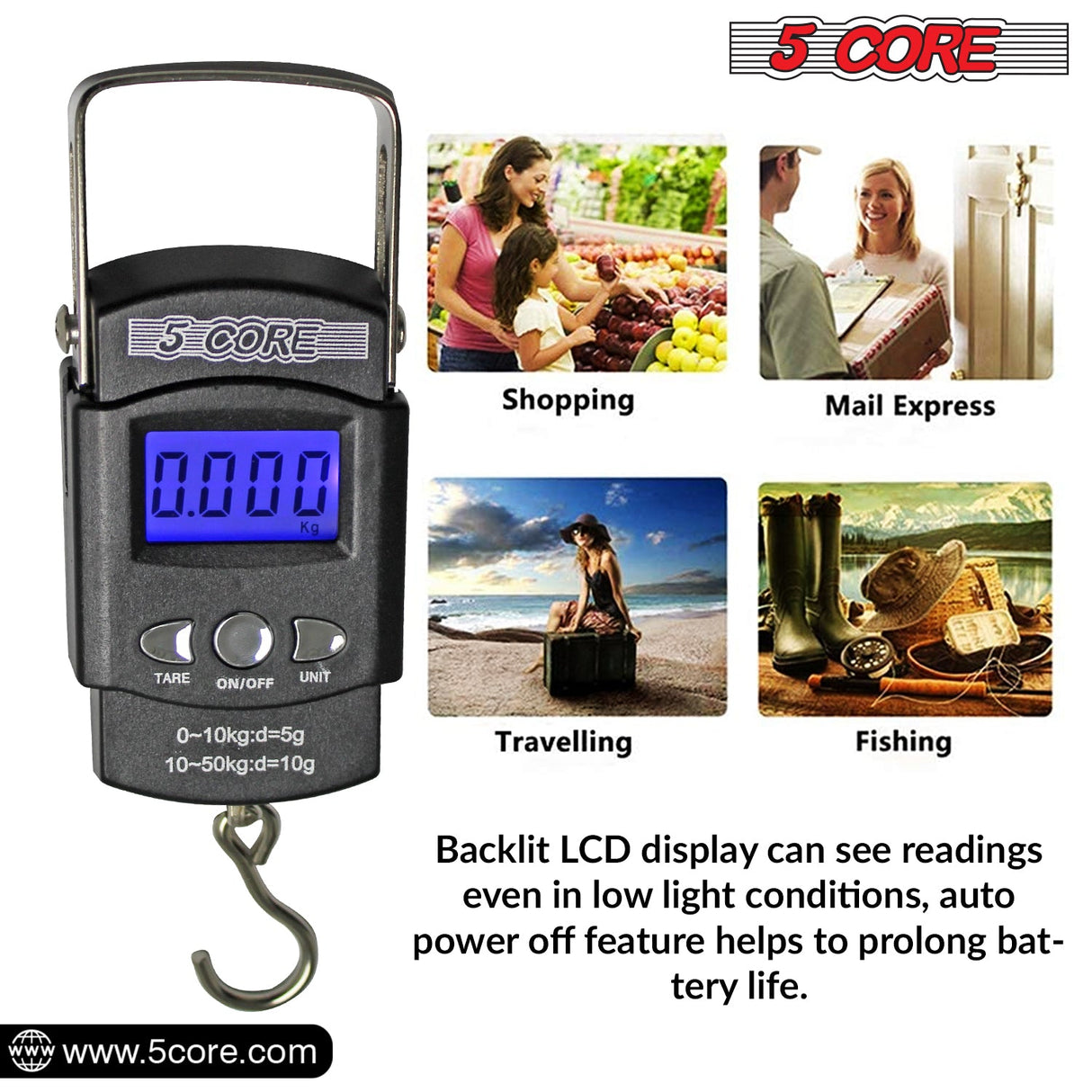 5Core Digital Fishing Scale 110lb/50kg Hanging Luggage Weighing Scales w Measuring Tape