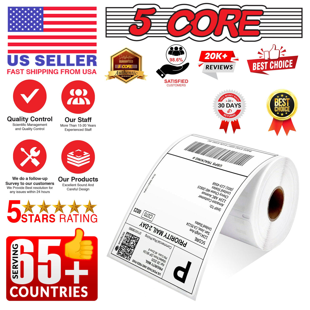 5 Core 4x6 Direct Thermal Shipping Labels, 1 Rolls 250 Labels per Roll, Perforated, Mailing Postage Shipping Label Compatible with Zebra Rollo